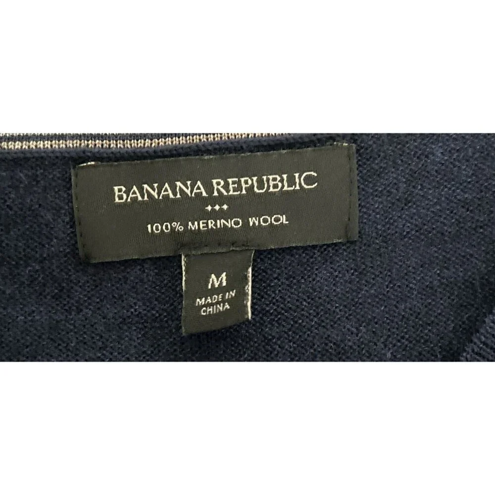 Banana Republic V-Neck Sweater 100% Merino Wool Blue Black Size Med